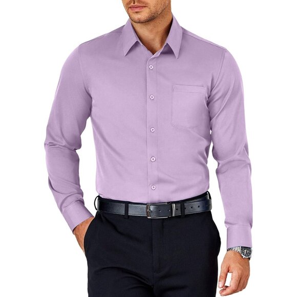 Light Purple Mens Dress Long Sleeve Button Down Wrinkle Free Shirt with Pocket - Picture 1 of 6